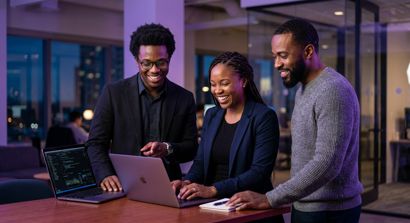 NabyDev team members smiling around a laptop