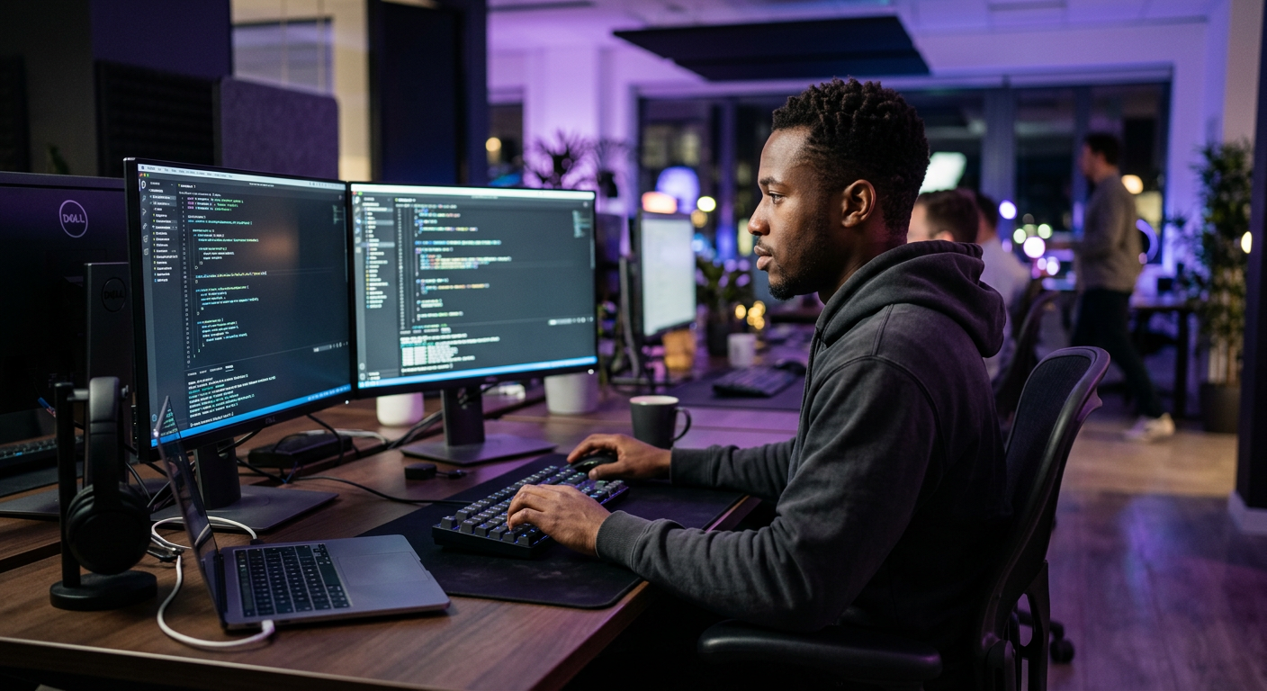 Software engineer working at multiple monitors in a modern IT office